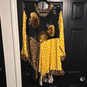 Vibrant Yellow and Black Blouse with Floral Print